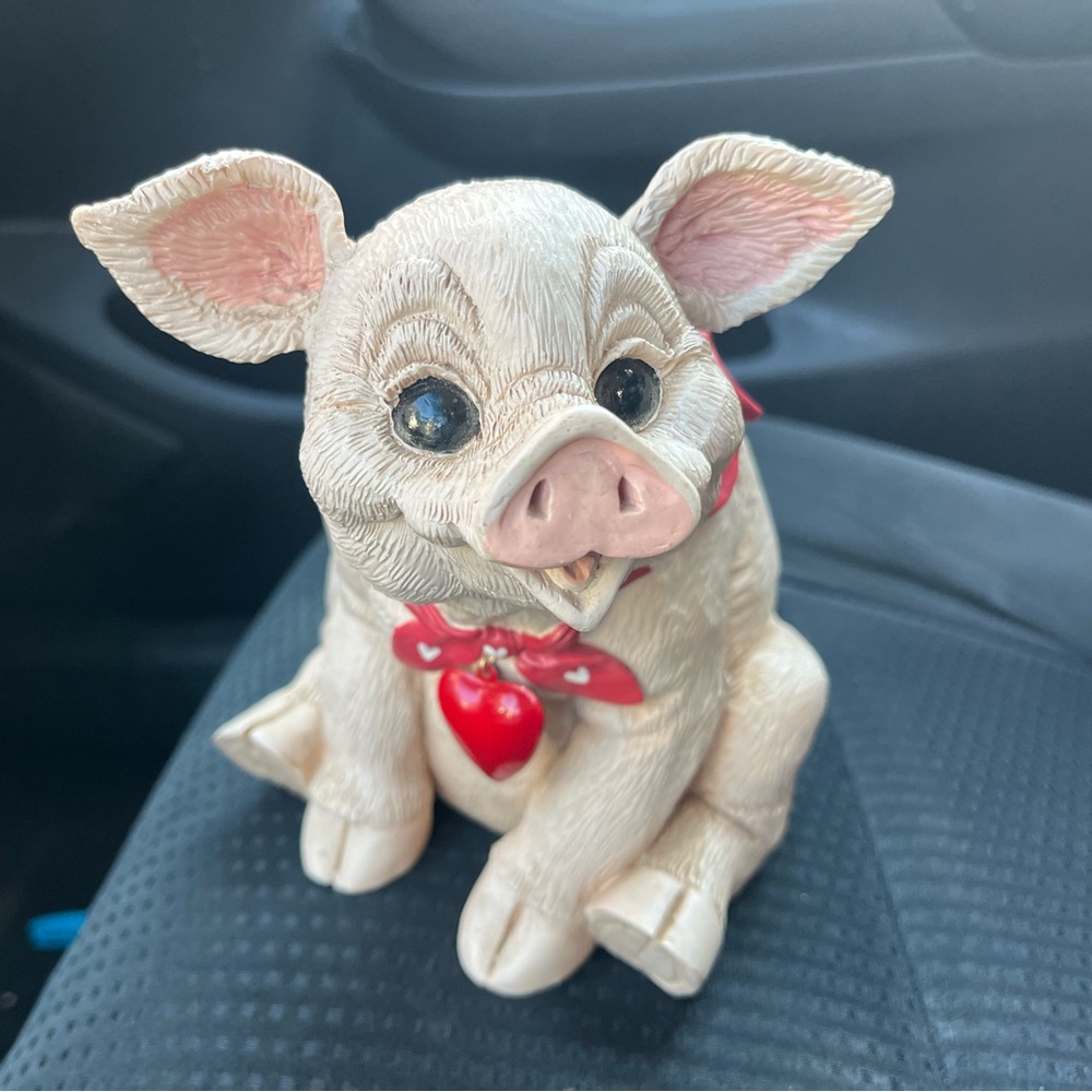 Cute Ceramic Pig Figurine with Red Heart Bow